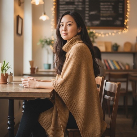 J.Crew Women’s L/XL Wool Blend Turtleneck Poncho Tan NWT Cozy Relaxed Fit - Picture 1 of 11
